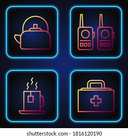 Set line First aid kit, Cup of tea with tea bag, Kettle with handle and Walkie talkie. Gradient color icons. Vector