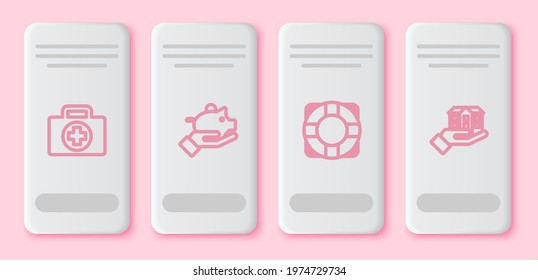 Set line First aid kit, Piggy bank in hand, Lifebuoy and House. White rectangle button. Vector
