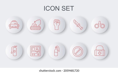 Set line First aid kit, Fire extinguisher, Raised hand with clenched fist, Ban, Police car flasher, Lying burning tires, Television report and Cocktail molotov icon. Vector