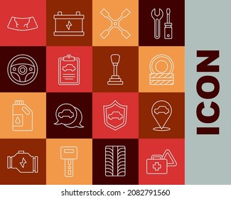 Set line First aid kit and warning triangle, Location with car service, Car tire wheel, Wheel wrench, inspection, Steering, Broken windshield and Gear shifter icon. Vector
