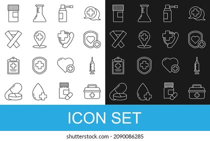 Set Linie Erste Hilfe Kit, Spritze, Schild und Herzfrequenz, Medizinische Flasche mit Düsenspray, Karte Zeiger über Krankenhaus, Sensibilisierungsband, Medizin und Notfall Telefon-Anruf auf Icon. Vektorgrafik