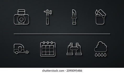 Set line First aid kit, Rv Camping trailer, Lighter, Binoculars, Calendar, Hammer, Cloud with rain and Knife icon. Vector
