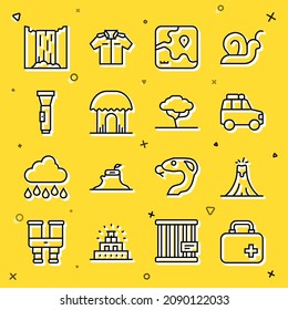 Set line First aid kit, Volcano eruption, Car, Africa safari map, African hut, Flashlight, Waterfall and tree icon. Vector