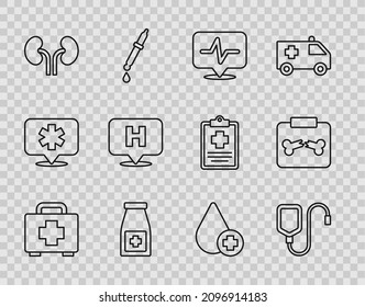 Fijar la línea Kit de primeros auxilios, bolsa IV, frecuencia cardíaca, frasco y píldoras de Medicina, riñones humanos, hospital de localización, Donar sangre de gota y vacunas de rayos X con ícono de hueso roto. Vector