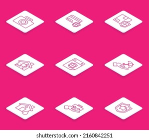 Línea Juego de primeros auxilios, tarjeta de crédito con escudo, seguridad de entrega, Casa, Calendario, Paraguas en la mano, inunda y mano sujetando el icono del maletín. Vector