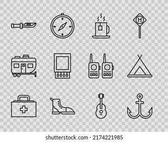 Set Line First Aid Kit, Anchor, Cup Of Tea With Tea Bag, Hiking Boot, Camping Knife, Open Matchbox And Matches, Guitar And Tourist Tent Icon. Vector