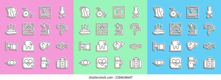 Fijar línea Kit de primeros auxilios, Dolor óseo, Estreñimiento en el intestino, Registro clínico, Rayos X en los pulmones, Mierda, Dolor de dientes y icono en el microscopio. Vector