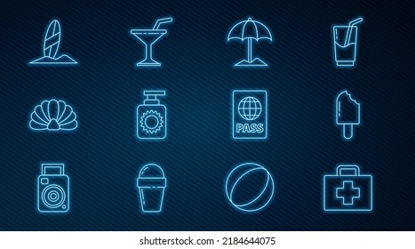Set line First aid kit, Ice cream, Sun protective umbrella for beach, Sunscreen spray bottle, Scallop sea shell, Surfboard, Passport and Martini glass icon. Vector