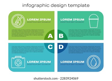 Set line Erste Hilfe Kit, Kein Feuer, Wassertropfen und Feuer Eimer. Infografik-Vorlage für Unternehmen. Vektorgrafik