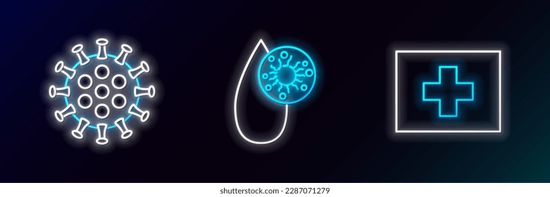 Set line First aid kit, Virus and Blood test and virus icon. Glowing neon. Vector