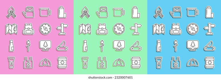 Set line First aid kit, Swiss army knife, Road traffic signpost, Camping metal mug, Hiking backpack, Location of the forest on map, Campfire and Compass icon. Vector