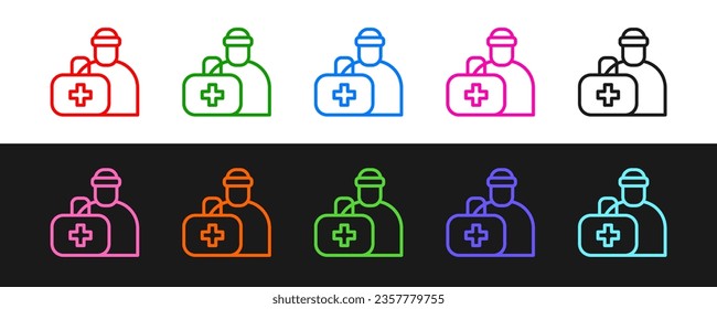 Set line First aid kit icon isolated on black and white background. Medical box with cross. Medical equipment for emergency. Healthcare concept.  Vector