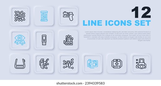 Set line First aid kit, Cyber security, USB flash drive, Motherboard, Computer vision, Humanoid robot, Cryogenic capsules and  icon. Vector