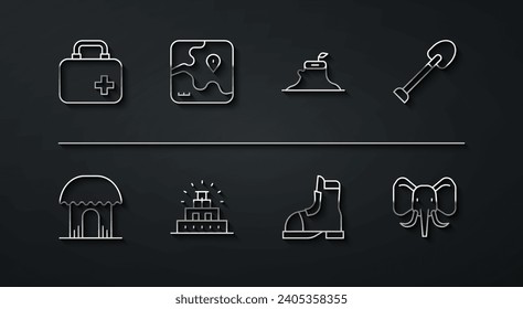 Set line First aid kit, African hut, Shovel, Hunter boots, Chichen Itza in Mayan, safari map, Elephant and Tree stump icon. Vector