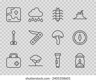 Set line First aid kit, Camping lantern, Centipede insect, African tree, safari map, Swiss army knife, Flashlight and Compass icon. Vector