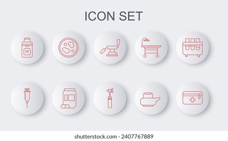 Set line First aid kit, Syringe, Medical dental chair, Bedpan, Organ container, Petri dish with bacteria, Medicine bottle and pills and otoscope tool icon. Vector