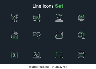 Set line First aid kit, Laptop, Internet piracy, Neural network, Humanoid robot, Smart glasses on spectacles, Futuristic weapon and Mechanical hand icon. Vector