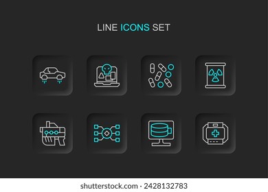 Set line Botiquín de primeros auxilios, Base de datos en la nube, Red neuronal, Arma futurista, Residuos radiactivos en el barril, Biohacking de píldoras médicas, Piratería en Internet e Icono de coche volador fantástico. Vector