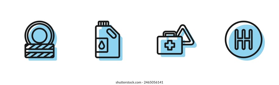 Set line First aid kit and warning triangle, Car tire wheel, Canister for motor oil and Gear shifter icon. Vector