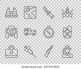 Set line First aid kit, Hunter, knife, Syringe, Binoculars, Off road car, Hunting gun and Canteen water bottle icon. Vector