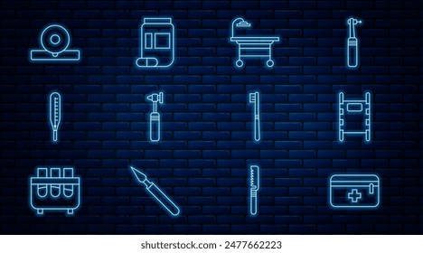 Set line First aid kit, Stretcher, Operating table, Medical otoscope tool, thermometer, Otolaryngological head reflector, Toothbrush and Medicine bottle and pills icon. Vector