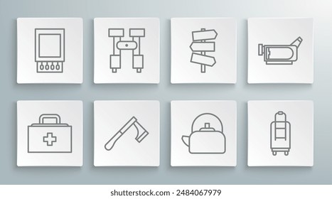 Set line First aid kit, Binoculars, Wooden axe, Kettle with handle, Suitcase, Road traffic signpost, Cinema camera and Open matchbox matches icon. Vector