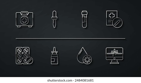 Set line Erste-Hilfe-Kit, Pillen in der Blisterpackung, Ärztliche Verschreibung, Bluttest und Virus, Flasche Nasenspray, Pipette, Monitor mit Kardiogramm und Reagenzglas Blut-Symbol. Vektorgrafik