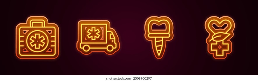Set line Botiquín de primeros auxilios, coche ambulancia, implante dental y etnociencia. Icono de neón brillante. Vector