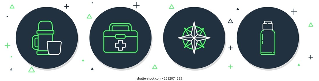 Set line First aid kit, Wind rose, Thermos container and cup and Canteen water bottle icon. Vector