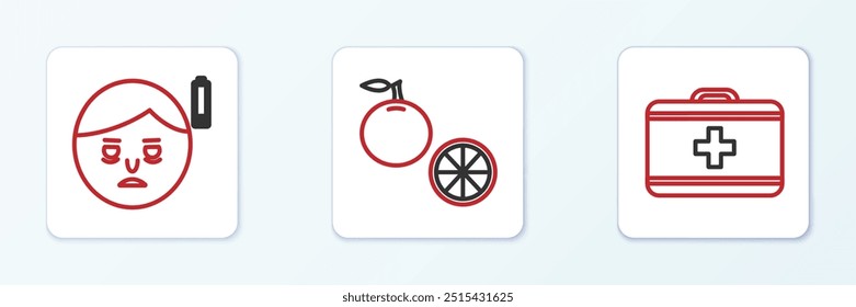 Set line First aid kit, Fatigue and Orange fruit icon. Vector
