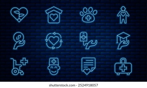 Kit de primeros auxilios, subvención de Educación, clínica veterinaria, voluntario, donación y caridad, corazón de hoja, donación de sangre y refugio para el ícono de las personas sin hogar. Vector