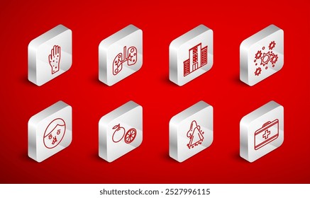 Set-Linie Erste-Hilfe-Kit, Lunge, Medizinisches Krankenhaus Gebäude, Bakterien, Runnen Nase, Hand mit Psoriasis oder Ekzem, Orange Obst und Ikone. Vektorgrafik