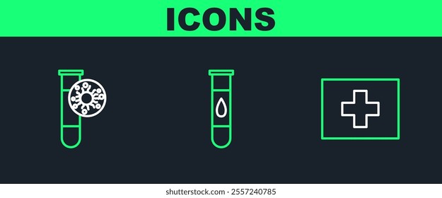 Set line First aid kit, Test tube with virus and Blood test and icon. Vector