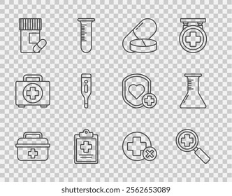 Set line First aid kit, Medicine pill tablet, Medical clipboard with clinical record, bottle and pills, digital thermometer, Cross hospital and Test tube flask icon. Vector