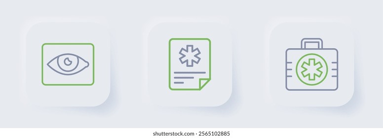 Set line First aid kit, Patient record and Red eye effect icon. Vector