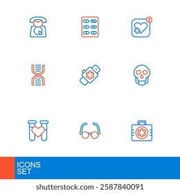 Set line First aid kit, Glasses, Test tube with blood, Skull, DNA symbol, Smart watch heart, Mobile rate and Pills in blister pack icon. Vector