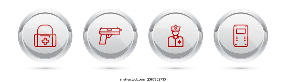 Set line First aid kit, Pistol or gun, Police officer and assault shield. Silver circle button. Vector