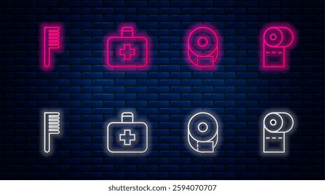 Set line First aid kit, Toilet paper roll, Hairbrush and . Glowing neon icon on brick wall. Vector