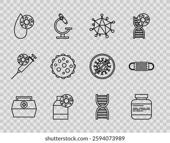 Set line First aid kit, Medicine bottle and pills, Virus, Bottle with virus, Blood test, DNA symbol and Medical protective mask icon. Vector