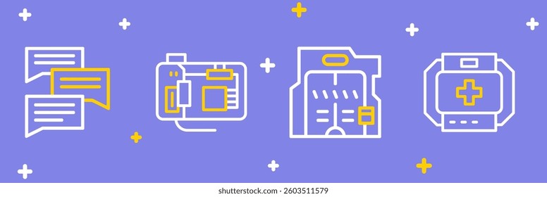 Set line First aid kit, Futuristic sliding doors, Motherboard and Speech bubble chat icon. Vector