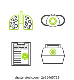 Set line First aid kit, Clipboard with blood test results, Medical protective mask and Virus cells in lung icon. Vector