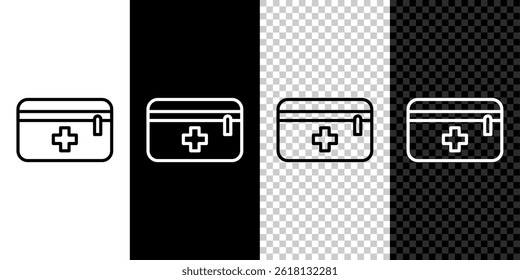 Set line First aid kit icon isolated on black and white background. Medical box with cross. Medical equipment for emergency. Healthcare concept.  Vector Illustration