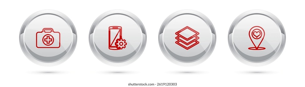 Set line First aid kit, Setting on smartphone, Layers and Map pointer with heart. Silver circle button. Vector