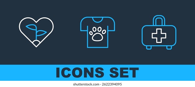 Set line First aid kit, Leaf in heart and Animal volunteer icon. Vector