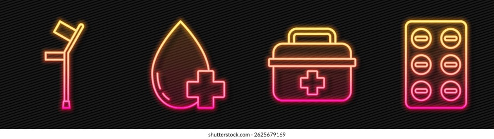 Kit de primeros auxilios, muletas o muletas, donar gota de sangre con cruz y pastillas en blíster. Icono de neón brillante. Vector