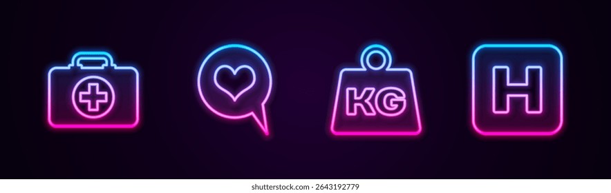 Set line First aid kit, Heart in speech bubble, Weight and Hospital. Glowing neon icon. Vector