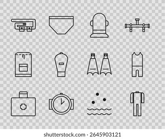 Set line First aid kit, Wetsuit for scuba diving, Buoy, Diving watch, belt, Lift bag, Cold and waves and  icon. Vector