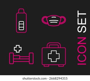 Set line Botiquín de primeros auxilios, cama de hospital, máscara protectora médica e icono de termómetro digital. Vector