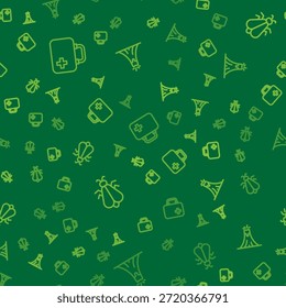 Set line Botiquín de primeros auxilios, erupción de mosquitos y volcanes en patrón transparente. Vector