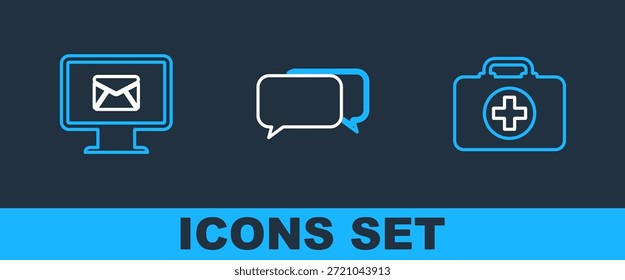 Set line First aid kit, Monitor and envelope and Chat icon. Vector